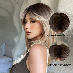 Natural Ombre Bob Wig 18 inch Layered Blonde Straight Hair