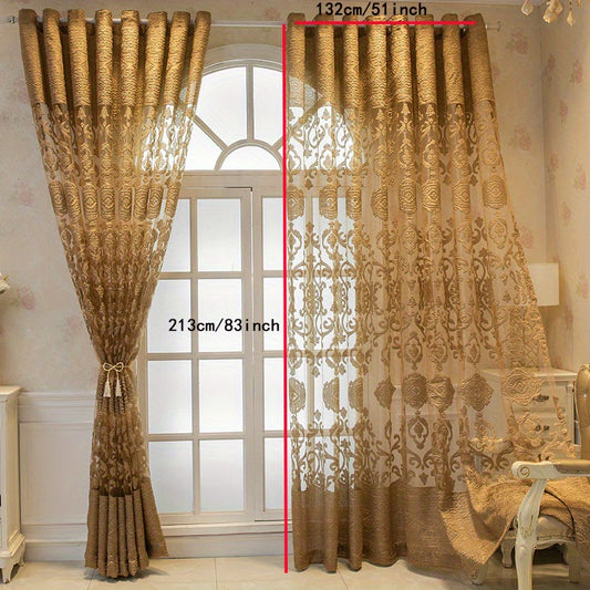 1pc Coffee European Embroidered Hollow Window Sheer Curtains