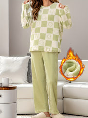 Heart Print Fuzzy Pajama Set Long Sleeve Crew Neck Top & Elastic Waistband Pants