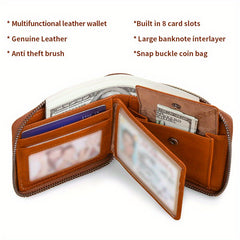 RFID Secure Leather Zipper Wallet Large Capacity Double Fold Card Wallet for Men