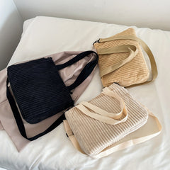 Large Capacity Corduroy Tote Bag Crossbody Handbag & Shoulder Purse