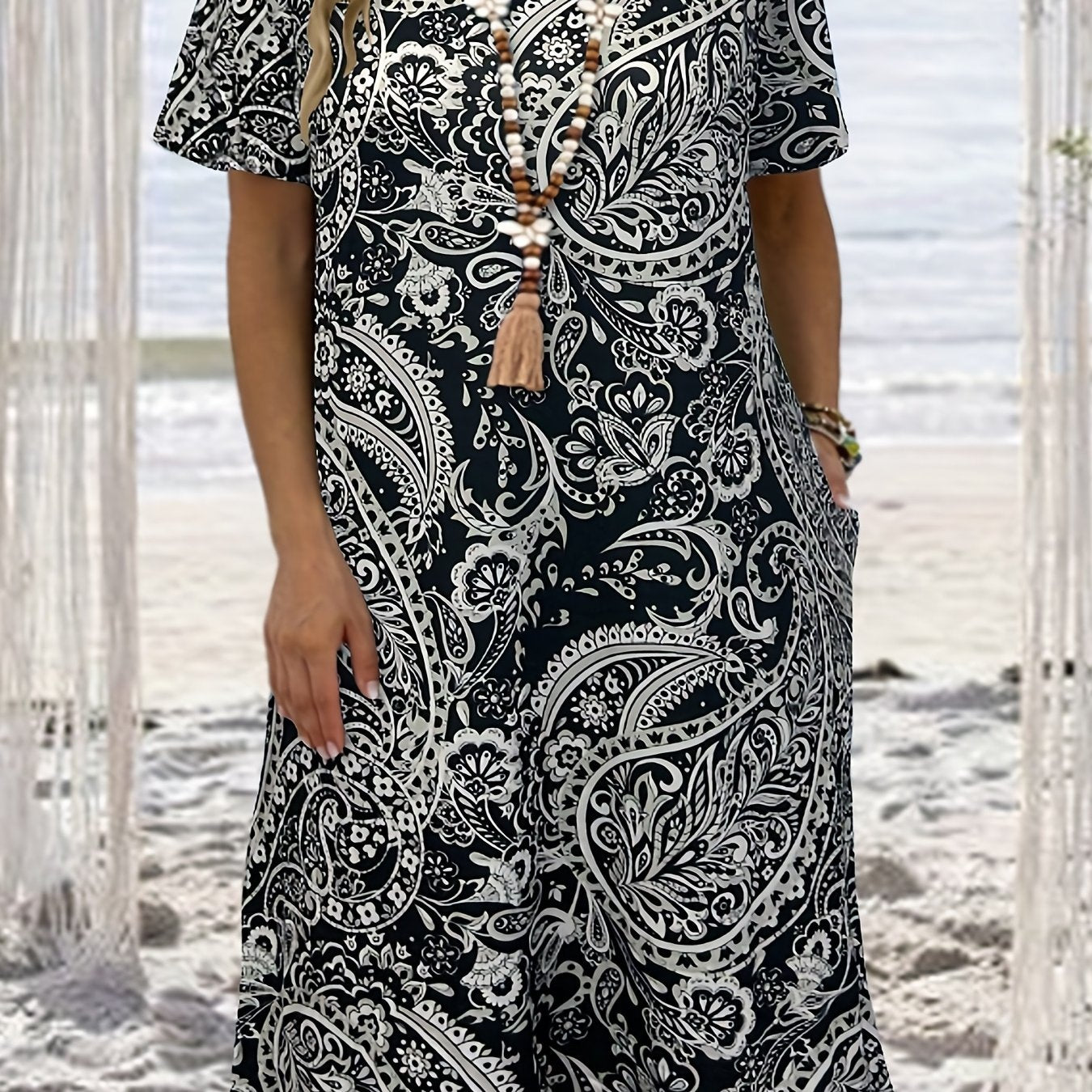 Paisley Print Short Sleeve Casual Dress with Pockets
