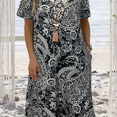 Paisley Print Short Sleeve Casual Dress with Pockets