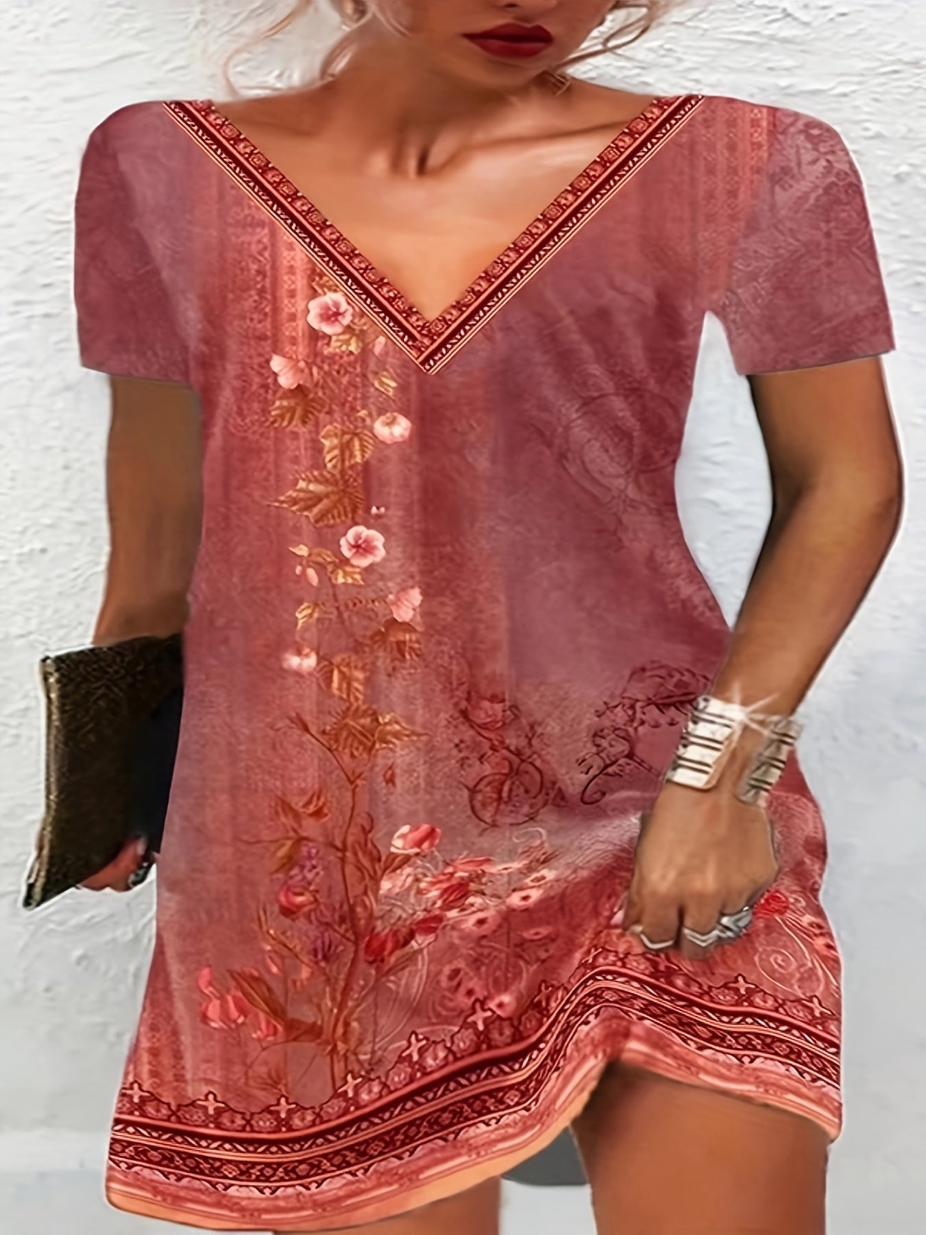 Floral Print V Neck Short Sleeve Dress