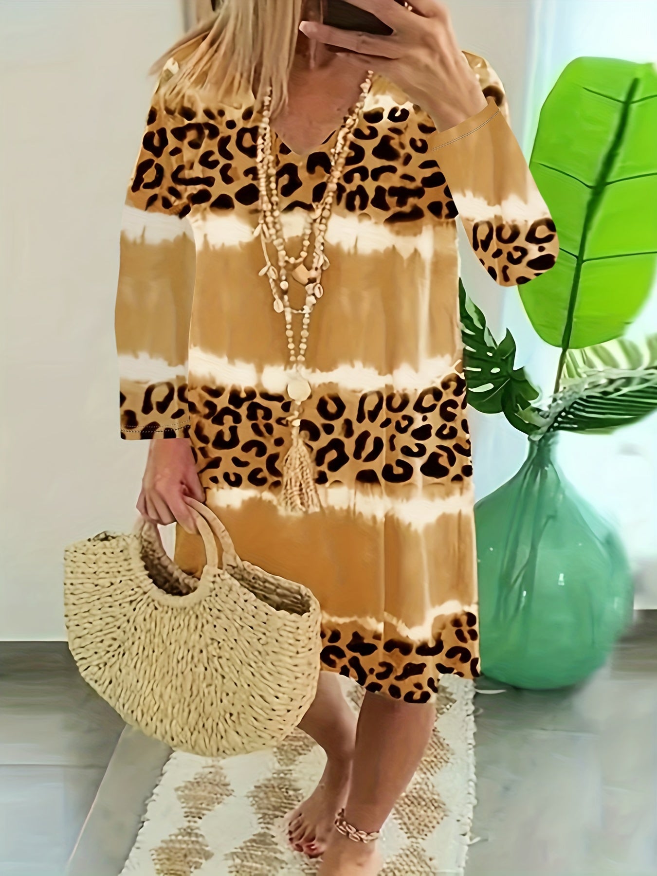 Tie Dye Leopard Short Sleeve V Neck Stretch Dress