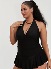 Women's Plus Solid Ruffle Trim Halter Neck One Piece Swimsuit