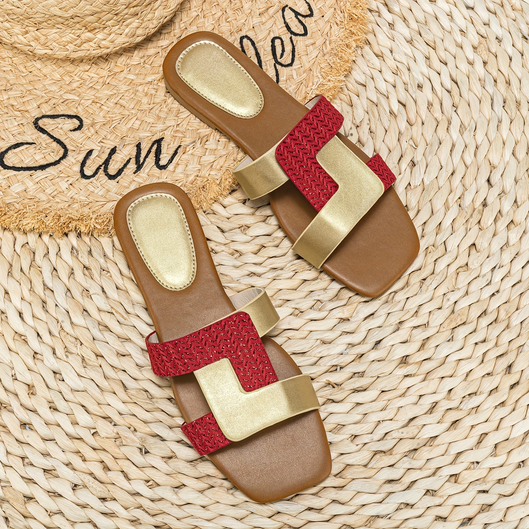 Women's Square Toe Slide Sandals Lightweight Slip On Flat Shoes