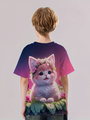 3D Flower Cat Graphic T-shirt Girls Casual Short Sleeve Tees Summer Clothes