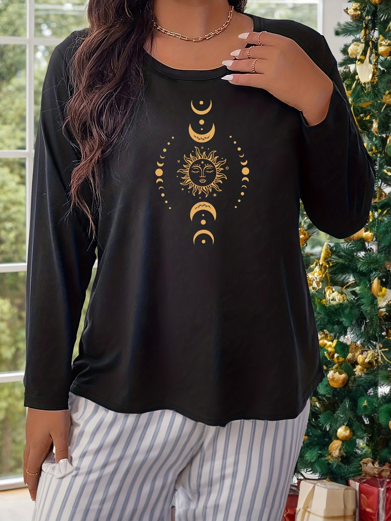 Moon & Sun Print Plus Size Lounge Top Long Sleeve Pajama