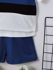 Boys 2pcs T shirt & Shorts Set Stripe Block Print Elastic Waist Crew Neck