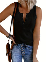 Ribbed Button Tank Top Sleeveless V Neck Casual Top