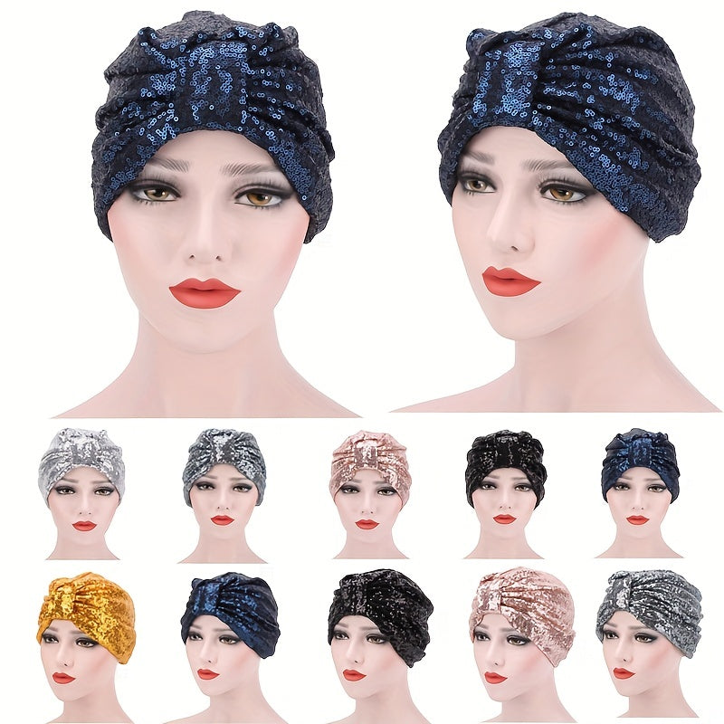 Sequin Bowknot Turban Cap Elastic Head Wrap Ramadan Head Scarf for Women