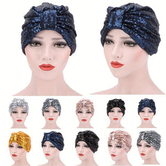 Sequin Bowknot Turban Cap Elastic Head Wrap Ramadan Head Scarf for Women