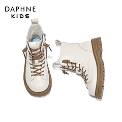 DAPHNE Girls Winter Fleece Boots Lace Up Leather Ankle Boots