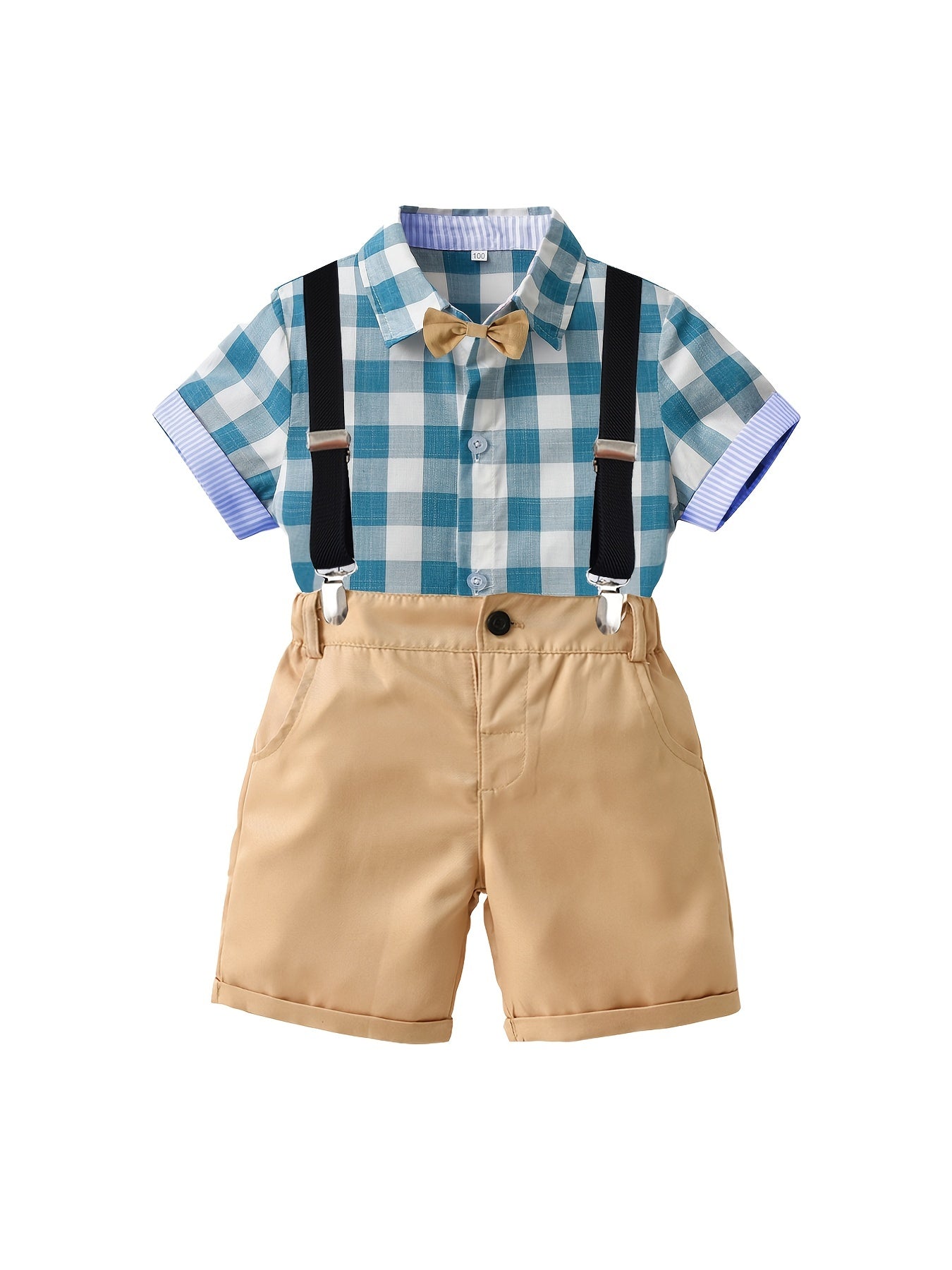 Boys Plaid Shirt & Shorts Set with Bow Tie Preppy Style