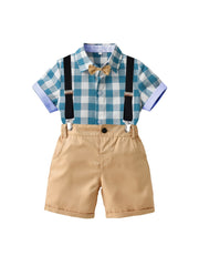 Boys Plaid Shirt & Shorts Set with Bow Tie Preppy Style