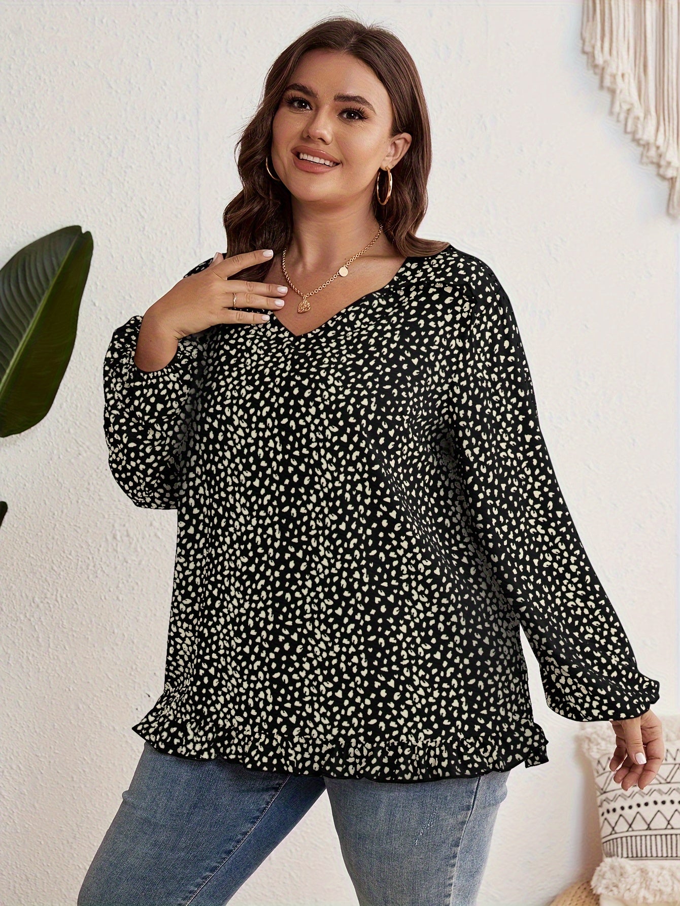 Women's Plus Dalmatian Print Blouse V Neck Ruffle Trim Top