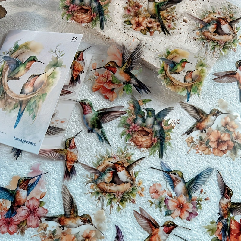 30pcs Cartoon Aesthetics Decals Watercolor Flower Bird DIY Sticker Pack