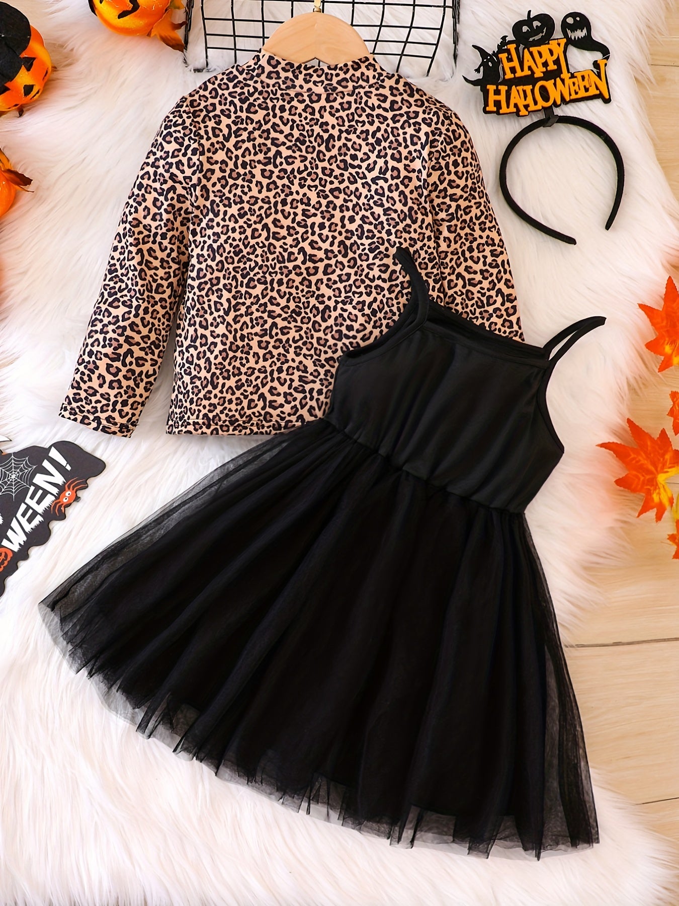 Girl's Mesh Sundress & Leopard Pattern Top Set