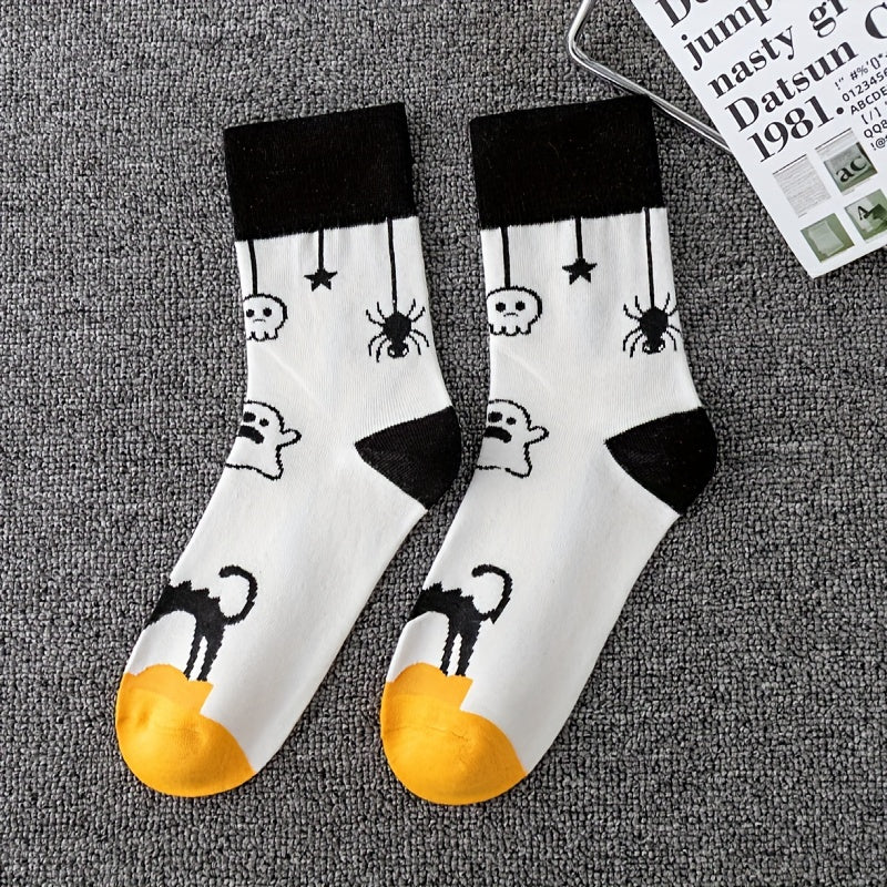 5 Pairs Pumpkin & Skull Print Socks Halloween Crew Socks Women's Stockings