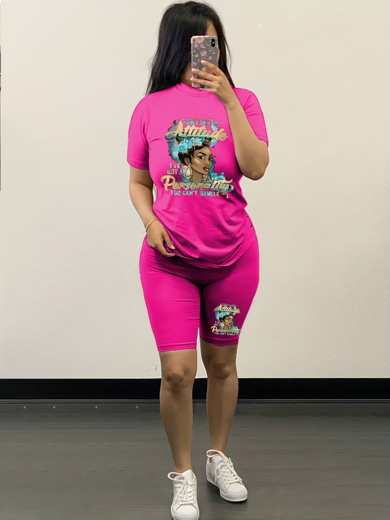 Women's Plus Figure & Letter Print Tee & Shorts Outfits 2pcs Set