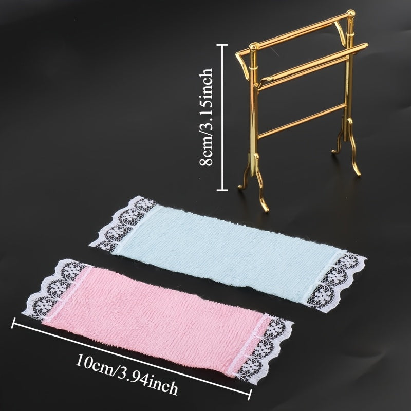 Dollhouse Metal Towel Rack Set with Towels DIY Furniture Props