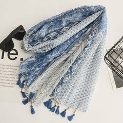 Boho Tassel Scarf Floral Print Linen Shawl Windproof Head Wrap