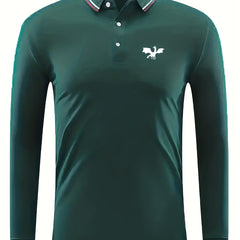 Men's Dragon Print Long Sleeve Polo Shirt Breathable Button Up Top