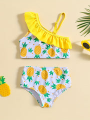 Girls One Shoulder Ruffled Top & Pineapple Graphic Shorts Swimsuit Set