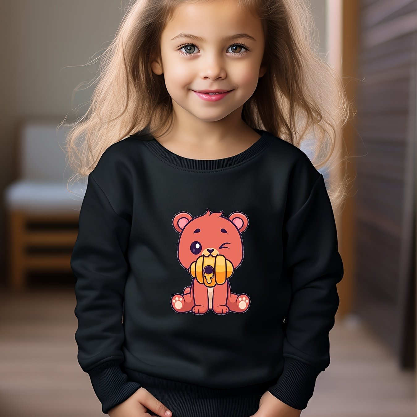 Bear Print Girls Casual Pullover Sweatshirt Long Sleeve Crew Neck Tops
