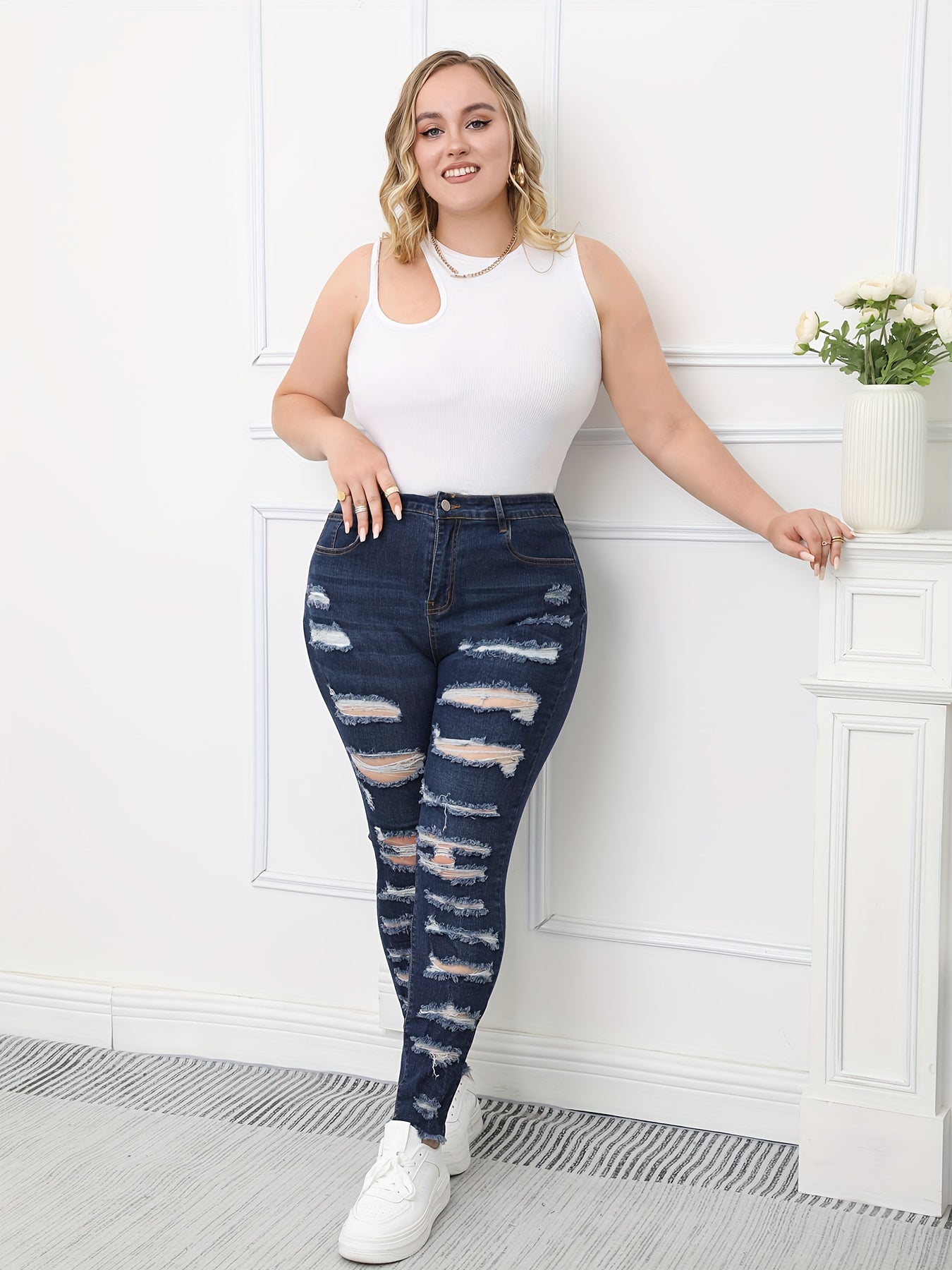 Women's Plus Button Fly Distressed High Skinny Jeans