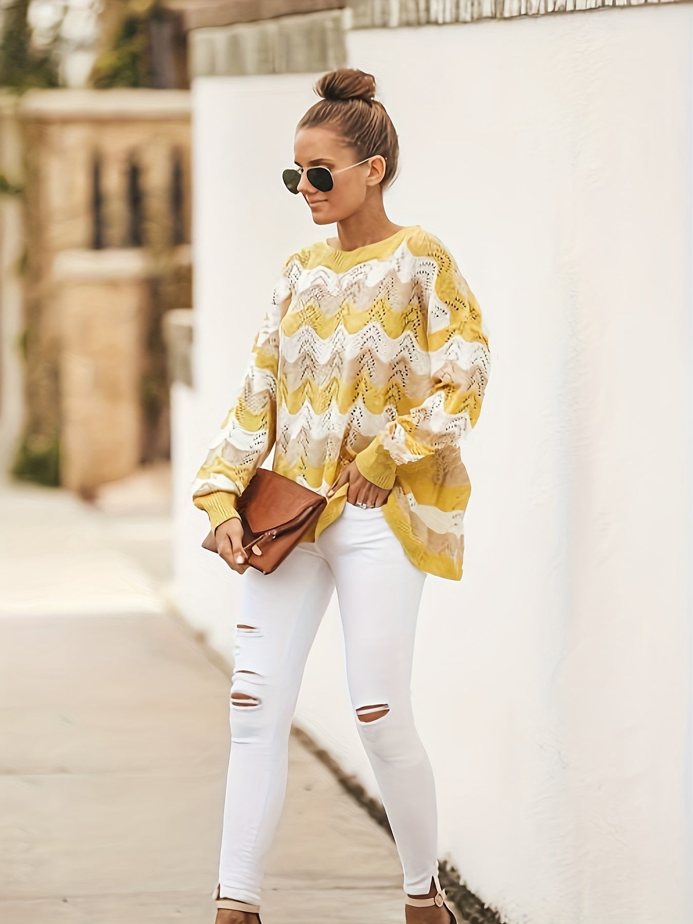 Colorblock Embroidered Sweater Long Sleeve Round Neck Jumper