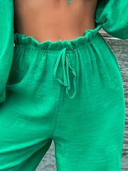 Green Tie Front 2 Piece Sun Protection Off Shoulder Top & Pants