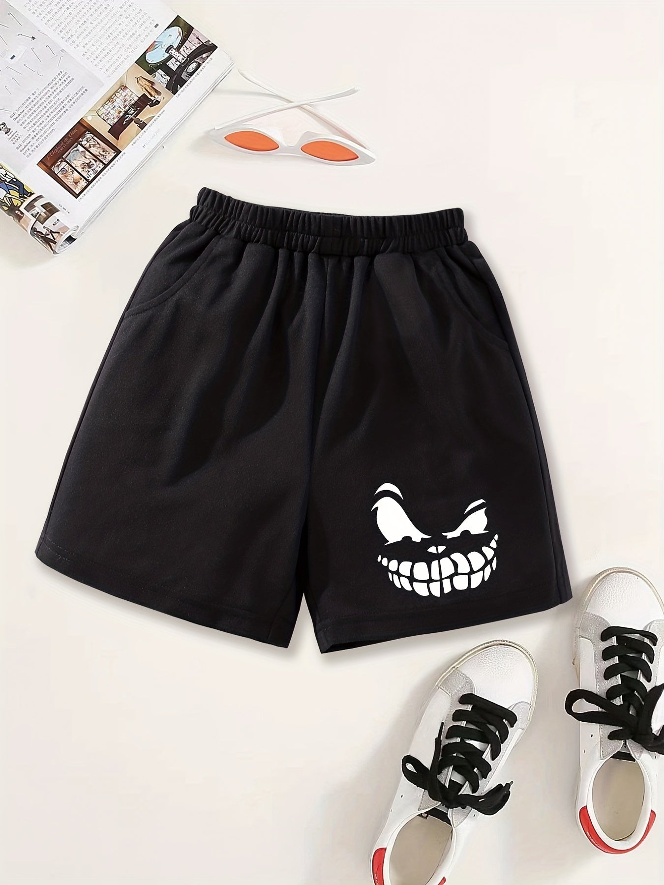 Girls Smile Print Casual Sweat Shorts Elastic Waist Work Out Shorts