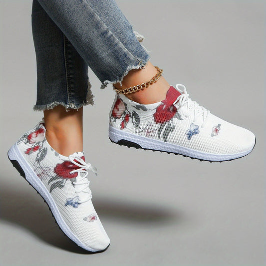 Floral Pattern Sneakers Lace Up Round Toe Lightweight Shoes