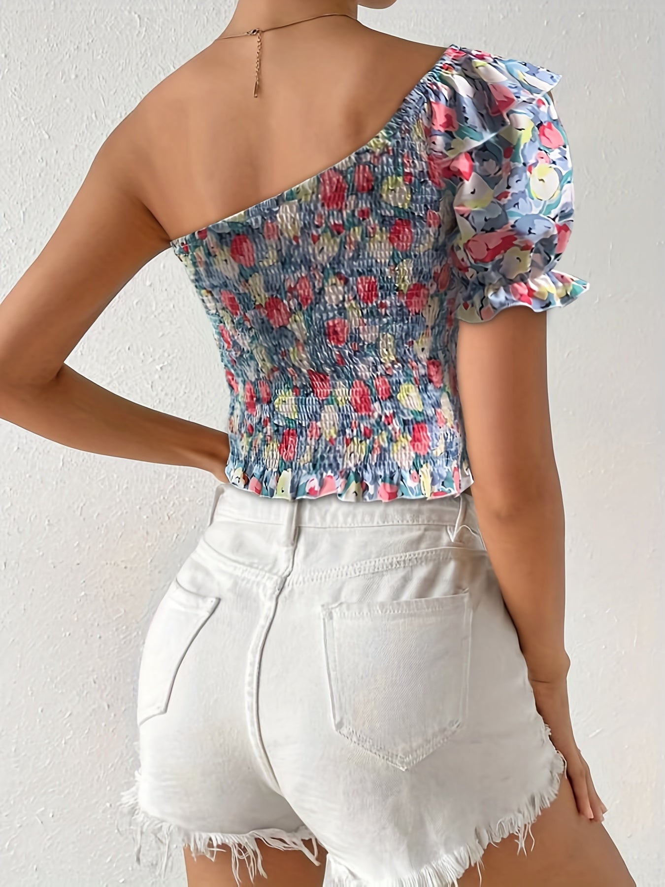 Floral Print Shirred One Shoulder Lantern Sleeve Blouse