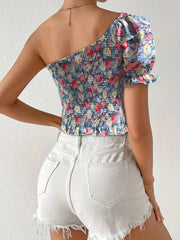 Floral Print Shirred One Shoulder Lantern Sleeve Blouse