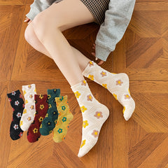 5 Pairs Floral Print Socks Mid Tube Women's Stockings