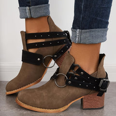 Women's Chunky Heel Ankle Boots with Metal Buckle Decor