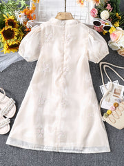 Girls Vintage Cheongsam Dress Faux Pearl Embroidered Summer Party Clothes