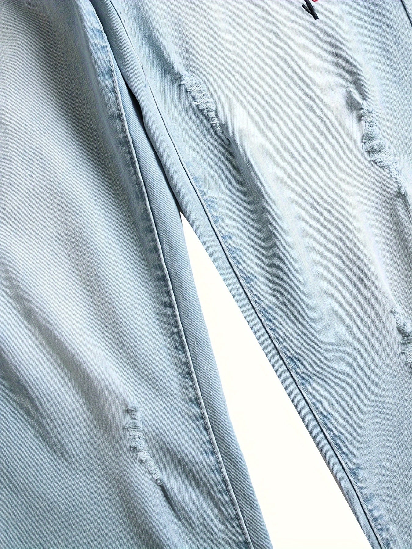 Men's Rose Embroidery Ripped Washed Jeans Streetwear Denim Pants