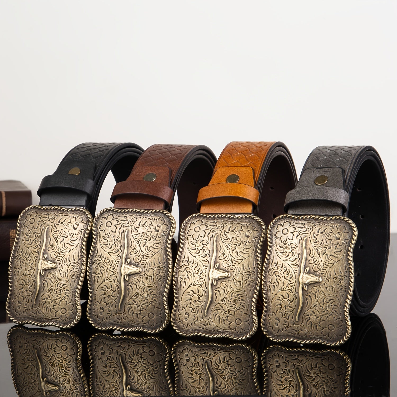 Men's Western Buckle Belt with Bull Head Embossing