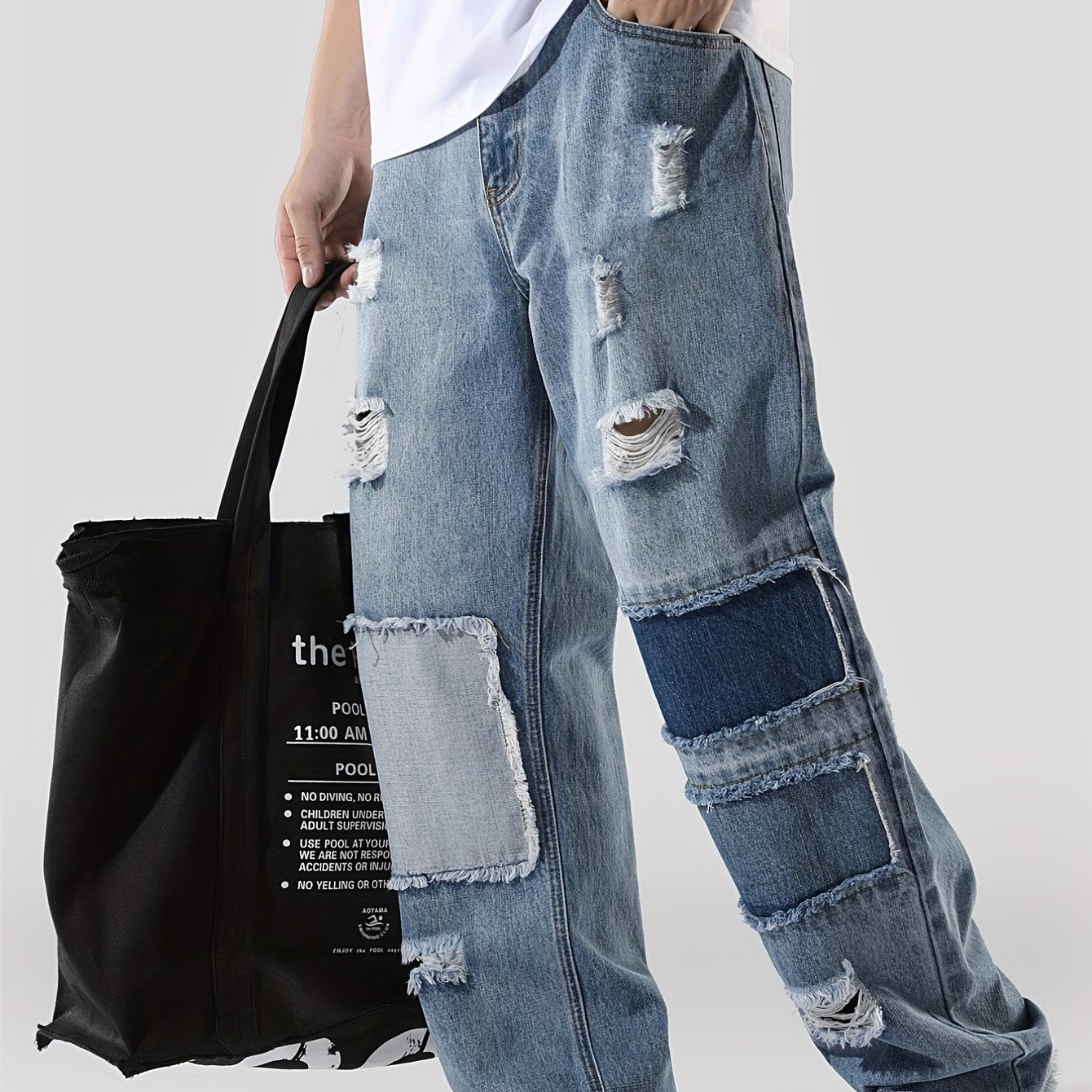 Men's Ripped Jeans Wide Leg Denim Pants