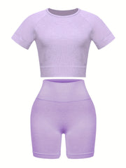 2pcs Stretchy Crop Top & Biker Shorts for Women Gym Workout Set