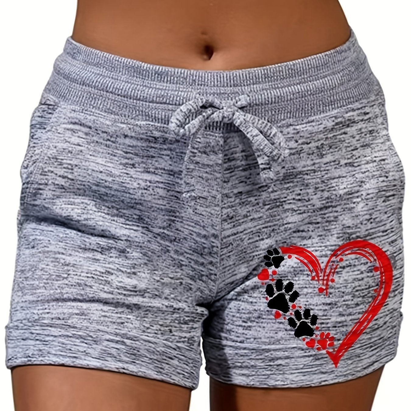 Heart & Paw Pattern Drawstring Shorts Casual Dual Pockets Shorts