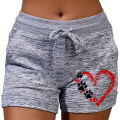 Heart & Paw Pattern Drawstring Shorts Casual Dual Pockets Shorts