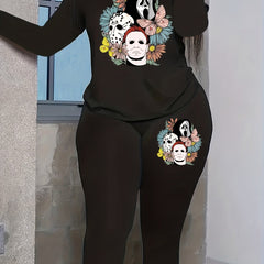 Halloween Casual Outfits Women's Floral & Grim Reaper Print Tee