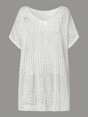 Apricot Crochet Eyelet Hollow Cove Up Dress Shorts Sleeve Solid Vacation Boho