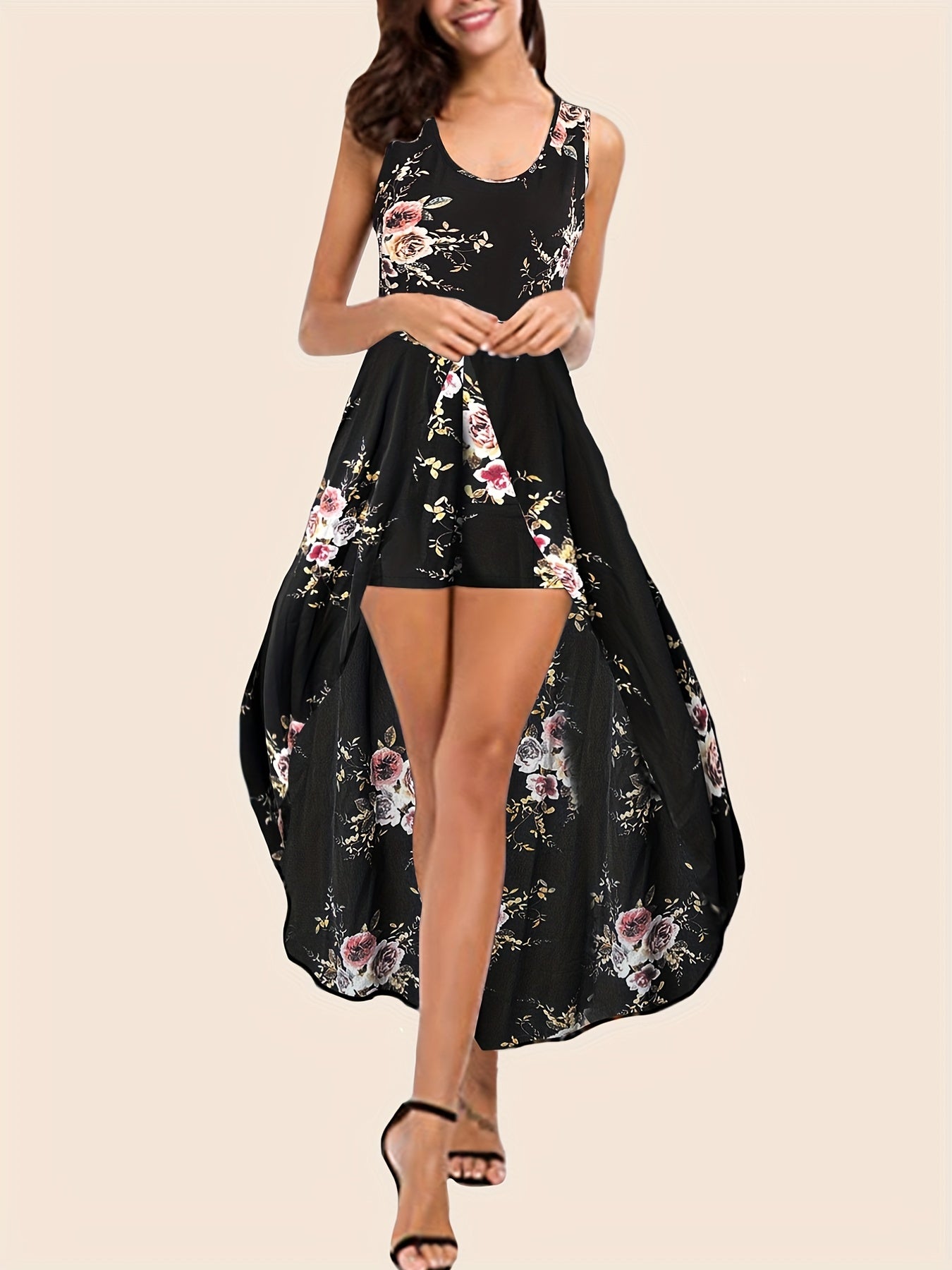 Floral Print Sleeveless Romper With Skirt