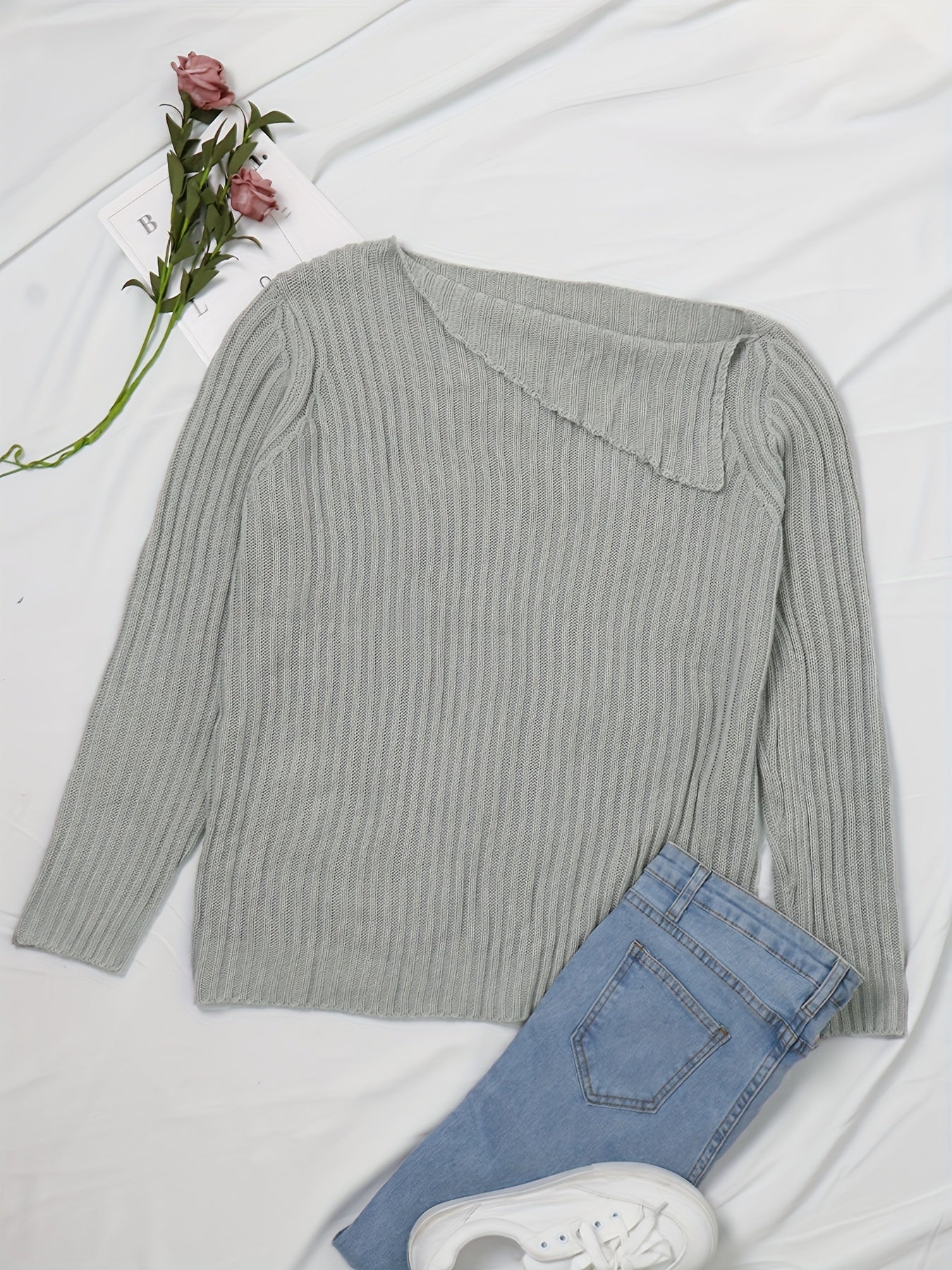 Casual Sweater Women's Plus Solid Ribbed Long Sleeve Irregular Neck
